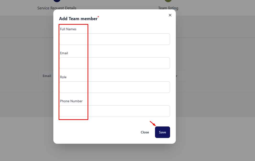 team listing modal add