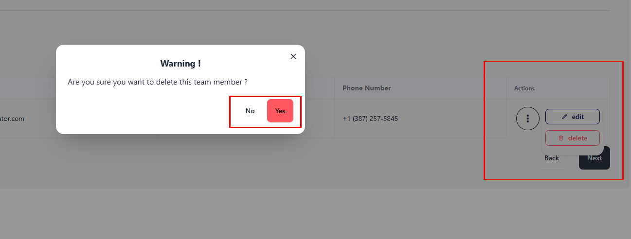 team listing modal delete