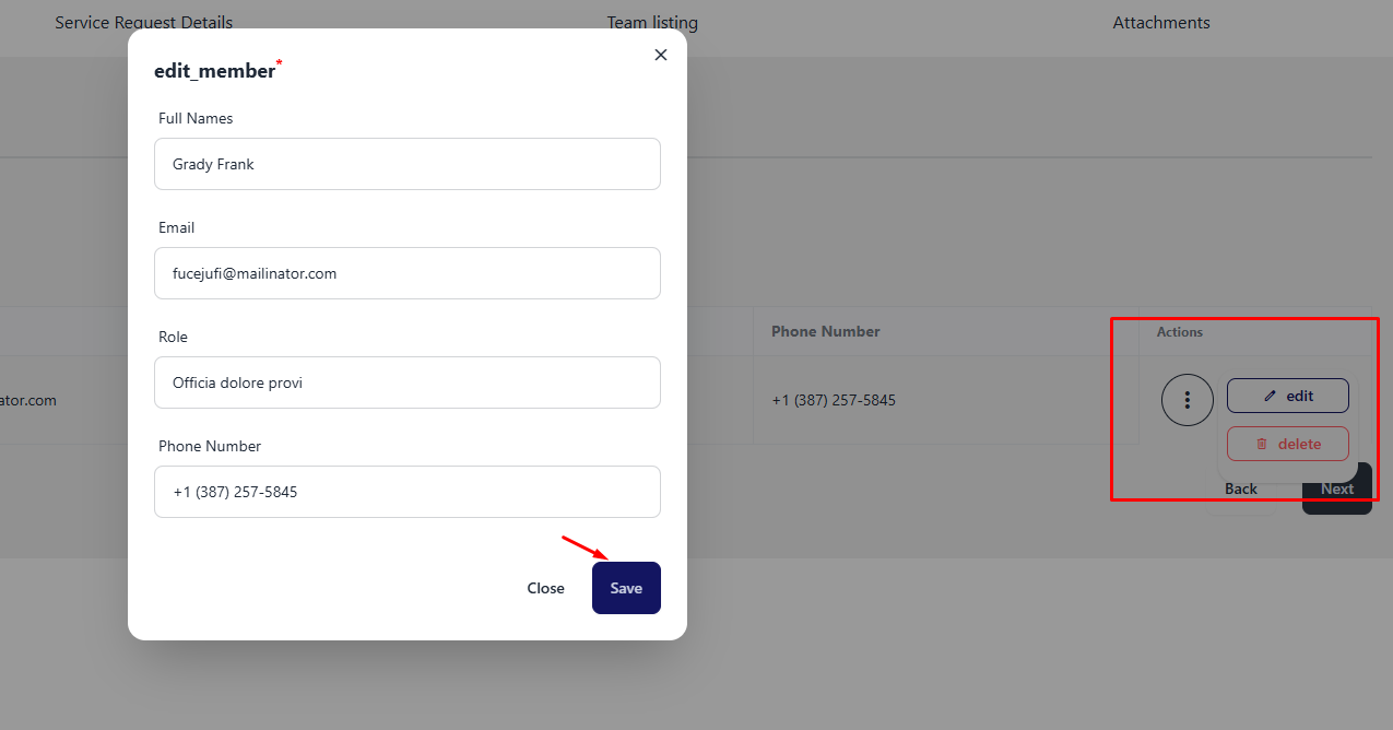 team listing modal edit